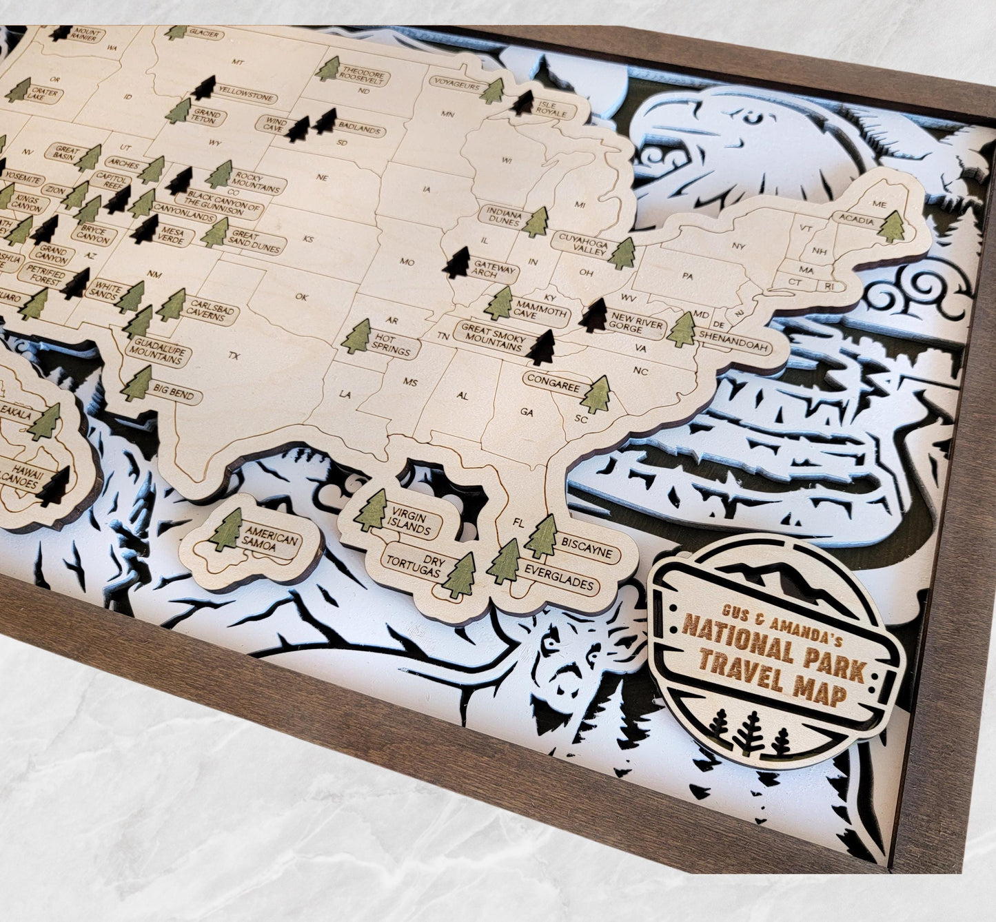 Personalized National Park Map Tracker – Custom Name Wooden USA Travel Keepsake