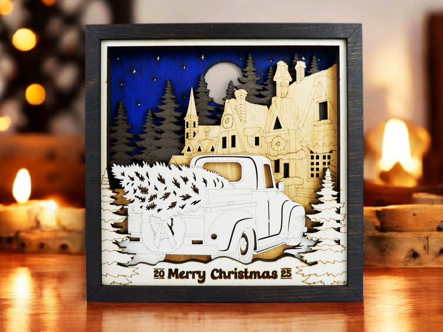 Personalized Farmhouse Scene Shelf Sitter – 3D Laser Cut & Engraved Wooden Sign