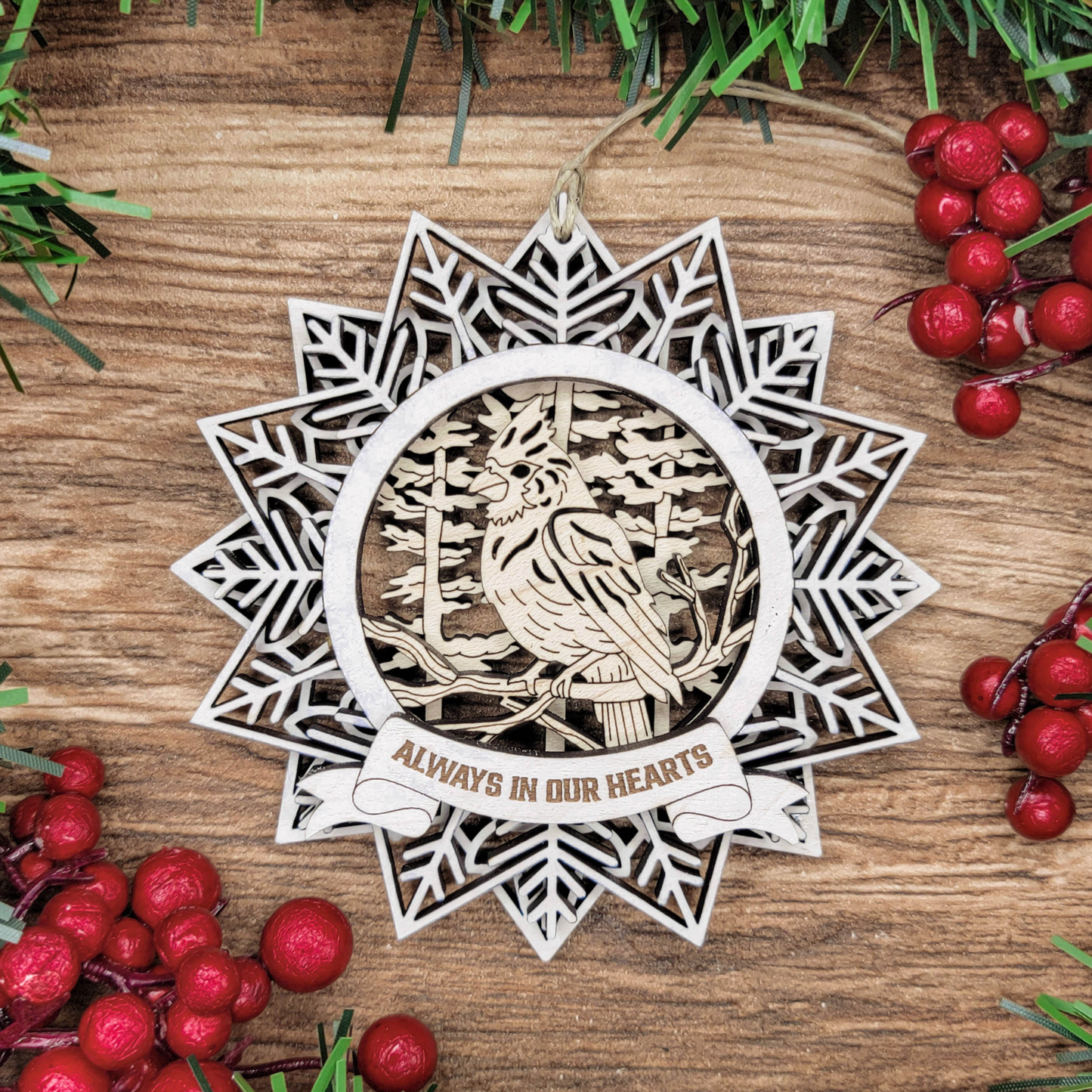 Personalized Memorial Ornament with Cardinal – Custom Engraved Wooden Snowflake Keepsake