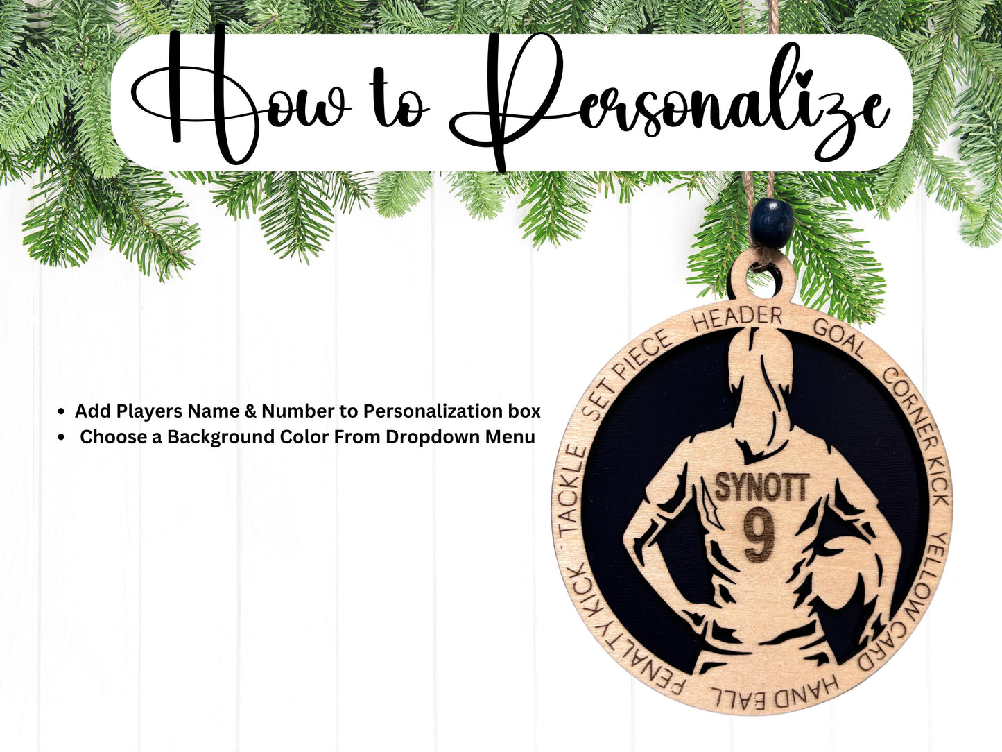 Personalized Soccer Ornament – Engraved Wooden 4" Keepsake with Name, Number & Year, Gift-Boxed
