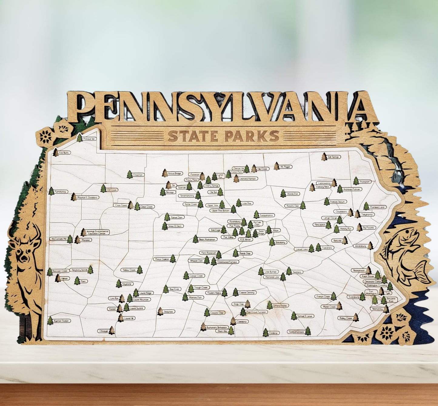 Pennsylvania State Park Tracker Map – 12x20 Laser Engraved Wood Wall Art with Tree Icons | Gift-Ready Display with Easel & Free Shipping
