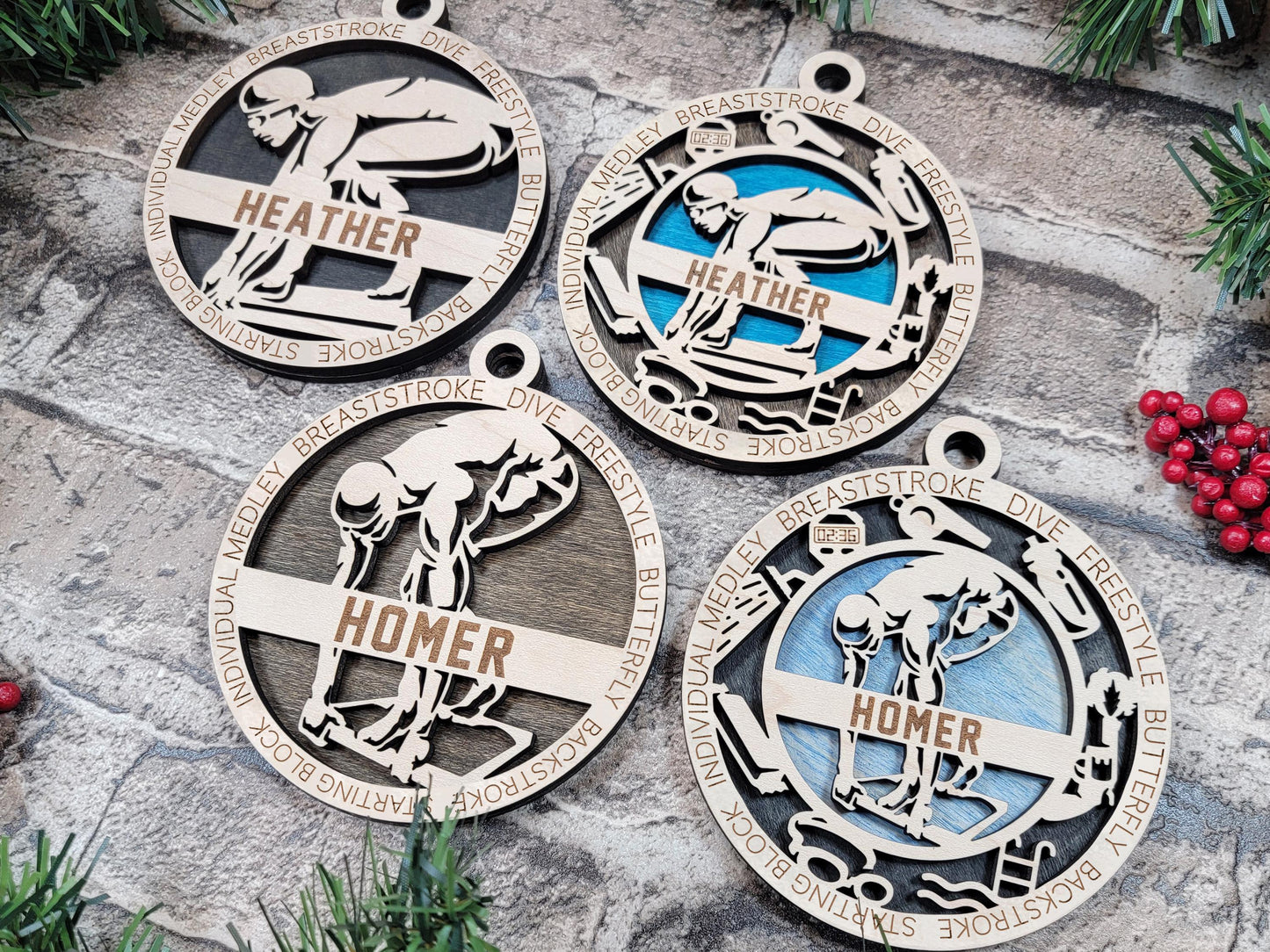 Personalized Swimmer Ornament – Engraved Wooden 4" Keepsake with Name, Year & Event, Gift-Boxed
