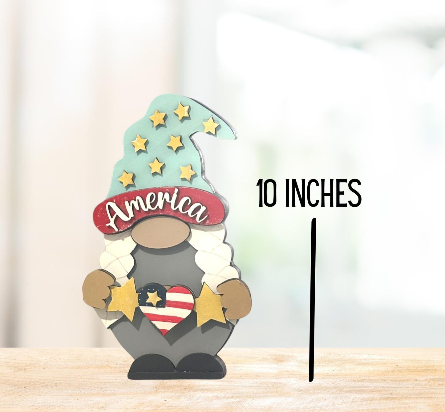 Patriotic Gnome Shelf Sitter – Handmade 8” Wooden Gnome for Independence Day & Memorial Day Interchangeable Outfits