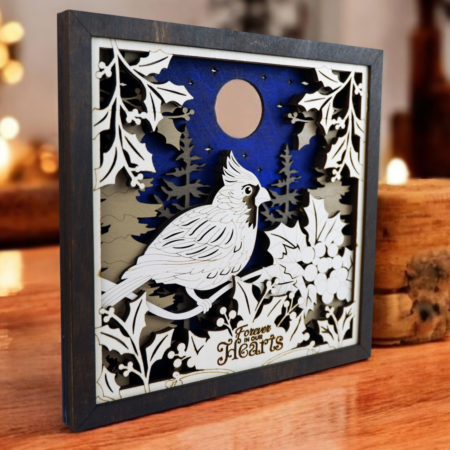 Personalized 3D Cardinal Christmas Memorial Decor – Hand Painted Wooden Scene