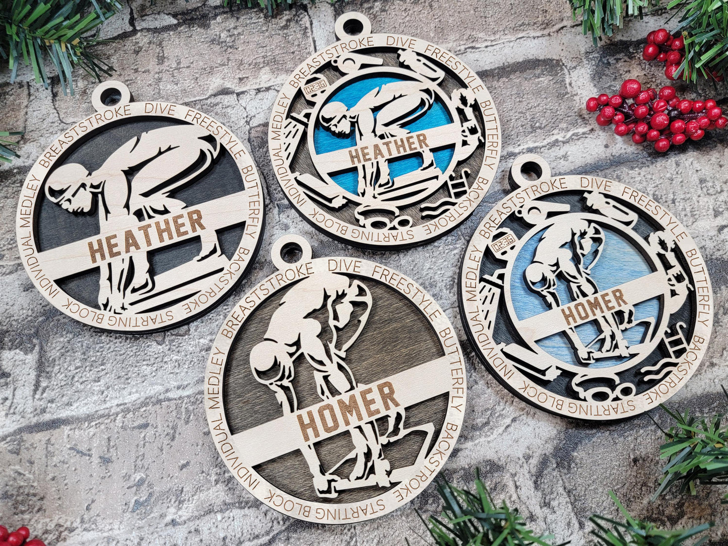 Personalized Swimmer Ornament – Engraved Wooden 4" Keepsake with Name, Year & Event, Gift-Boxed