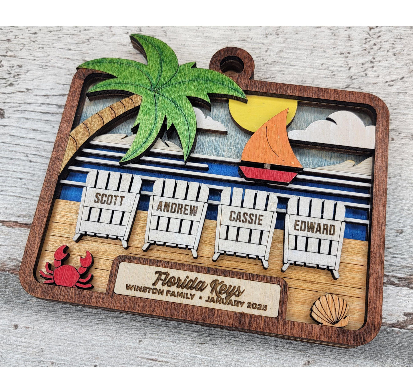 Beach Vacation Memory Ornament – Handmade Laser Cut & Engraved Wooden Keepsake, Hand-Painted, 4 Inch, Made in Ohio