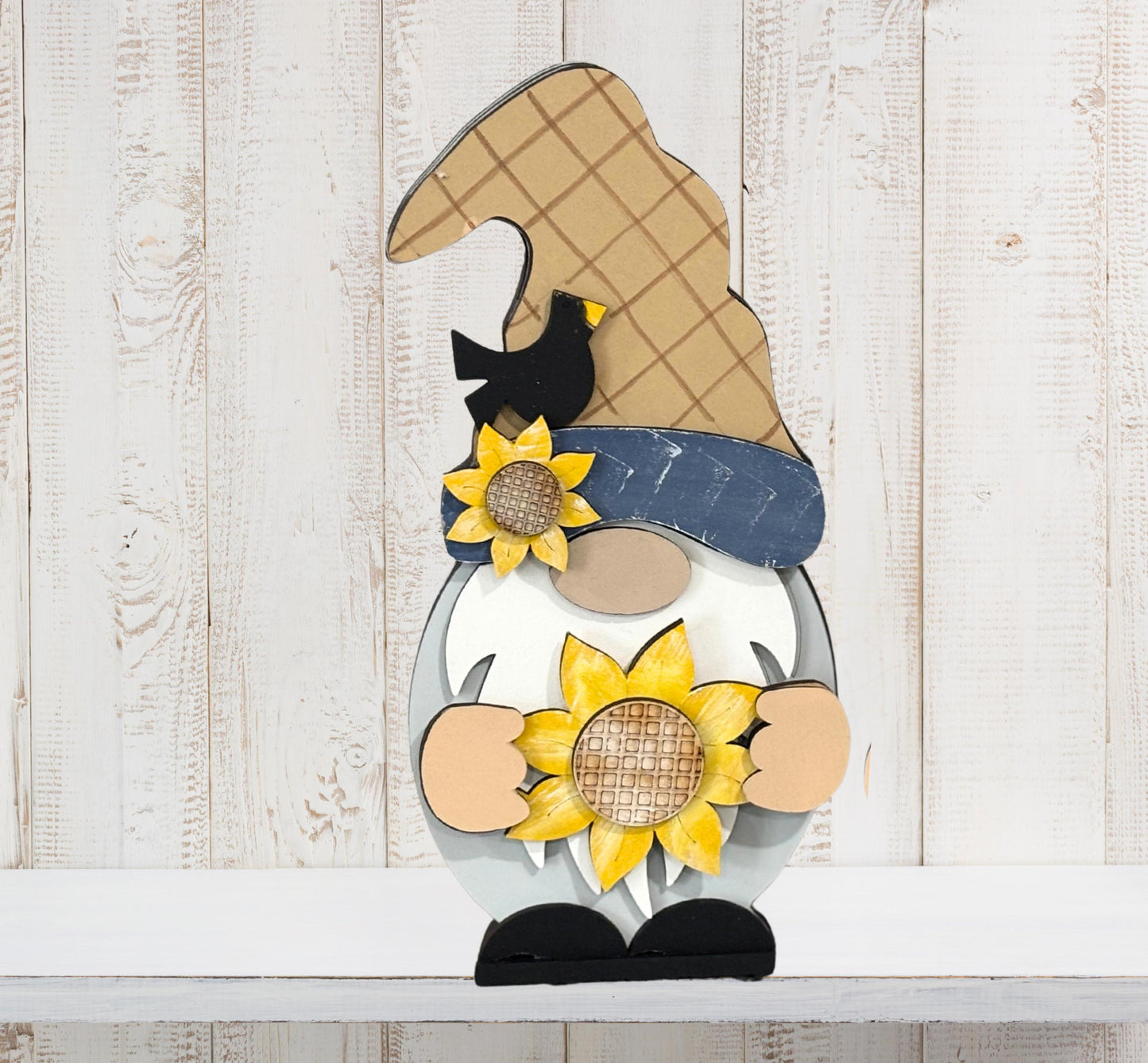 Sunflower Gnome Shelf Sitter – Handmade 8” Wooden Gnome (Male or Female) with Interchangeable Sunflower Outfits