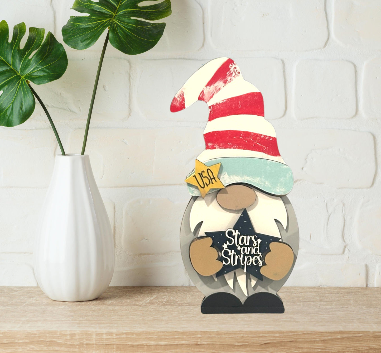 Patriotic Gnome Shelf Sitter – Handmade 8” Wooden Gnome for Independence Day & Memorial Day Interchangeable Outfits