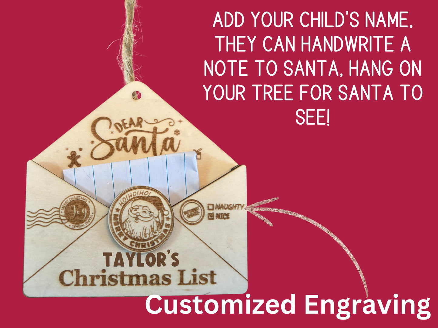 Personalized Santa Letter Ornament – Wooden Envelope Christmas Keepsake with Child’s Name, Gift Boxed, 4 Inch Handmade Decoration