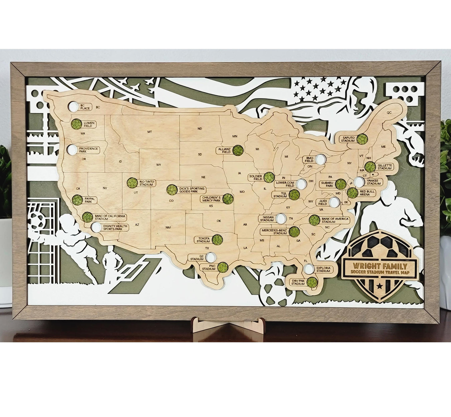 Soccer Stadium Tracker Map – 12x20 Engraved Wood Wall Art | Personalized Gift for Fans & Travelers, Handmade in Ohio