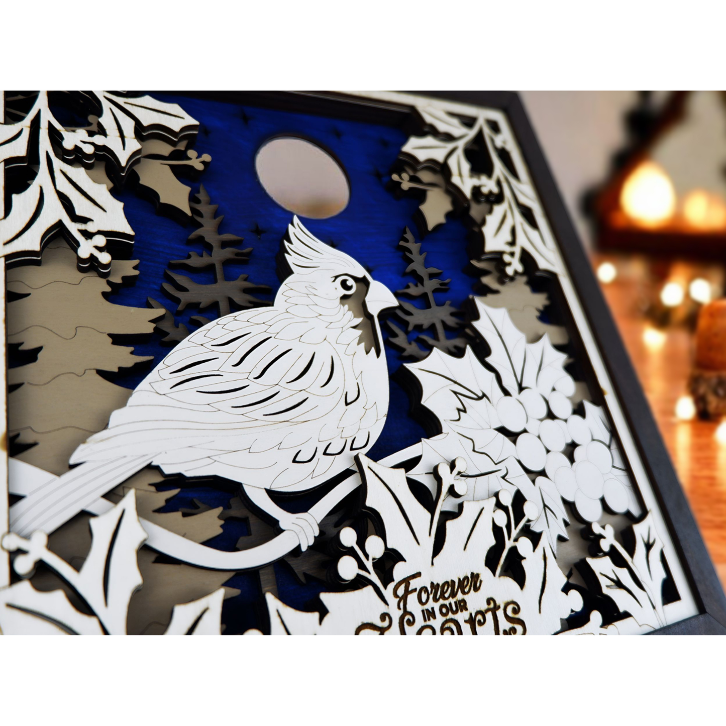 Personalized 3D Cardinal Christmas Memorial Decor – Hand Painted Wooden Scene