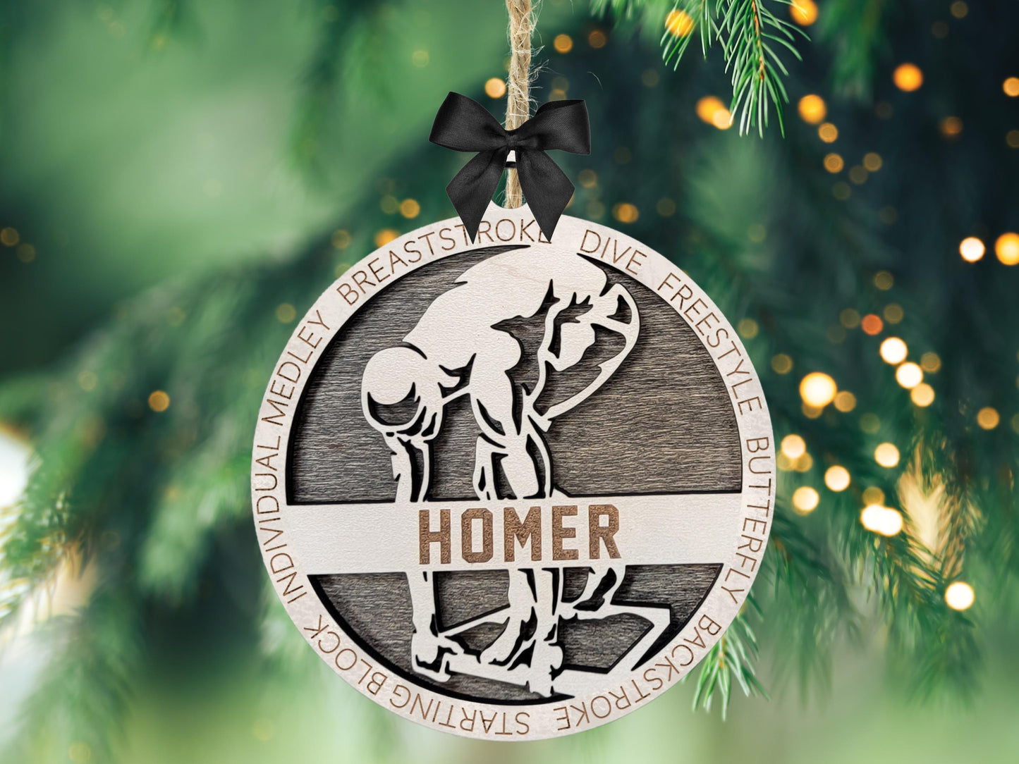 Personalized Swimmer Ornament – Engraved Wooden 4" Keepsake with Name, Year & Event, Gift-Boxed