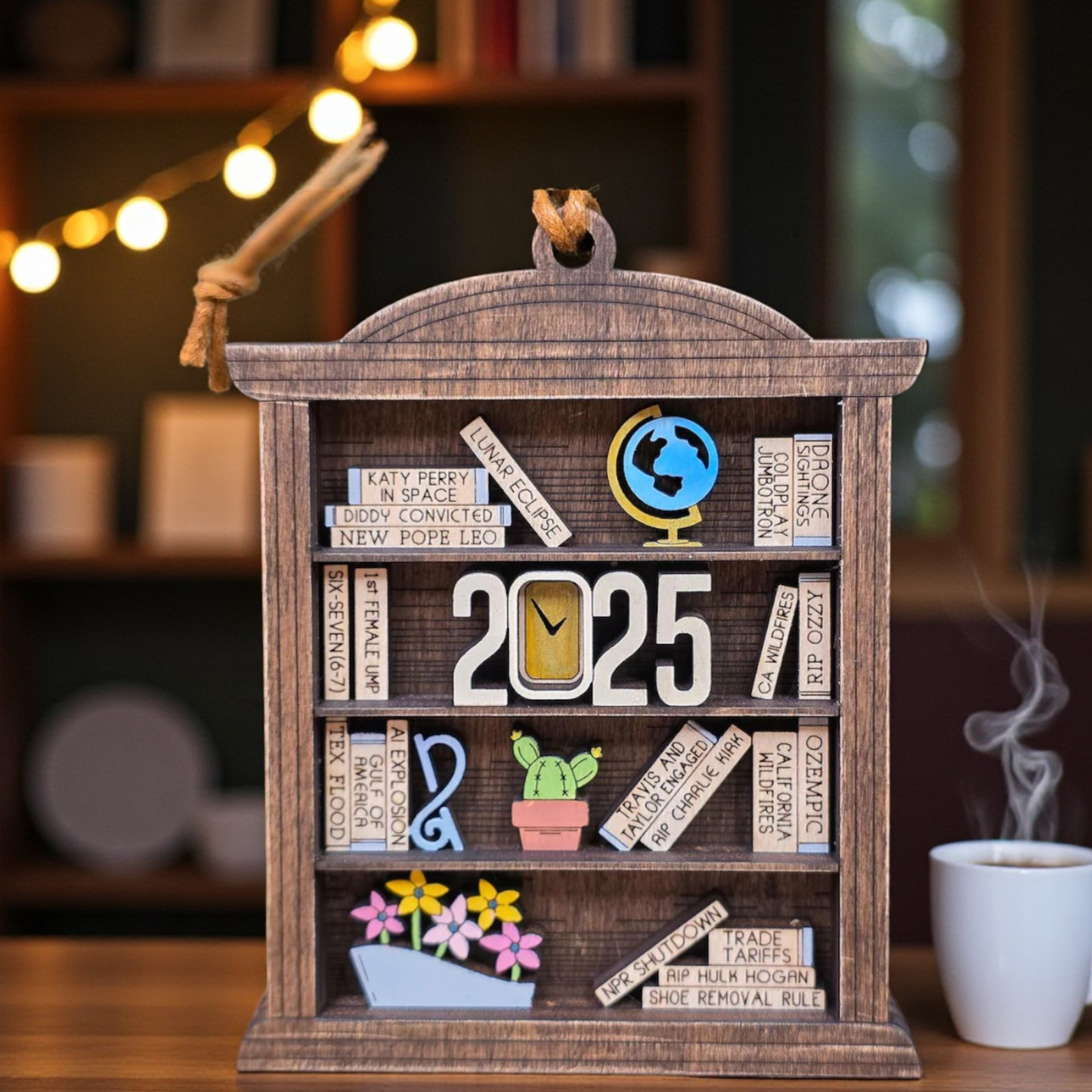 2025 Year in Review Bookcase Ornament – Layered Laser Cut Keepsake, Handmade & Hand Painted in Ohio