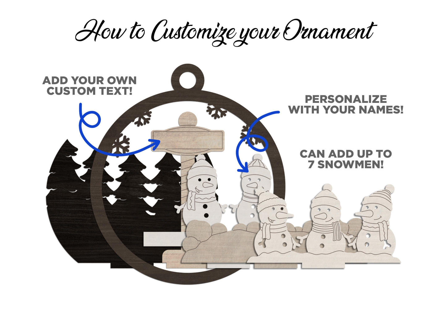 Personalized 3D Family Snowman Ornament – Handmade Wooden Engraved Keepsake, Gift-Boxed