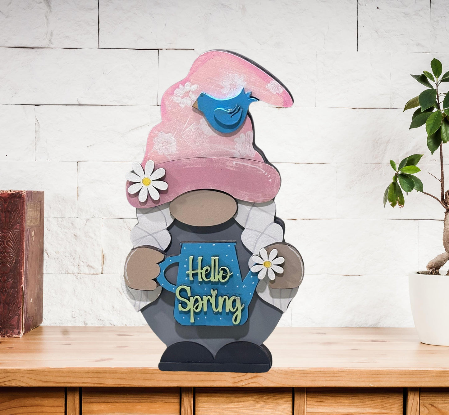 Spring Gnome Shelf Sitter – Handmade 8” Wooden Gnome (Male or Female) with Interchangeable Spring Outfits