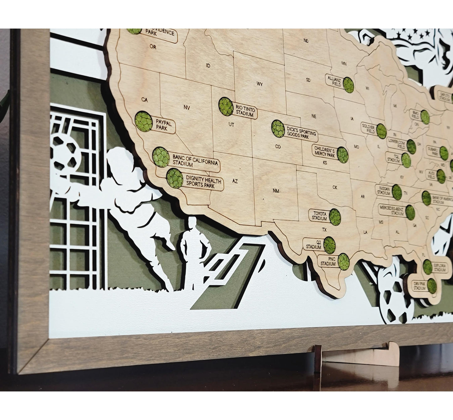 Personalized Soccer Map Tracker – Custom Name Wooden USA Stadium Travel Keepsake