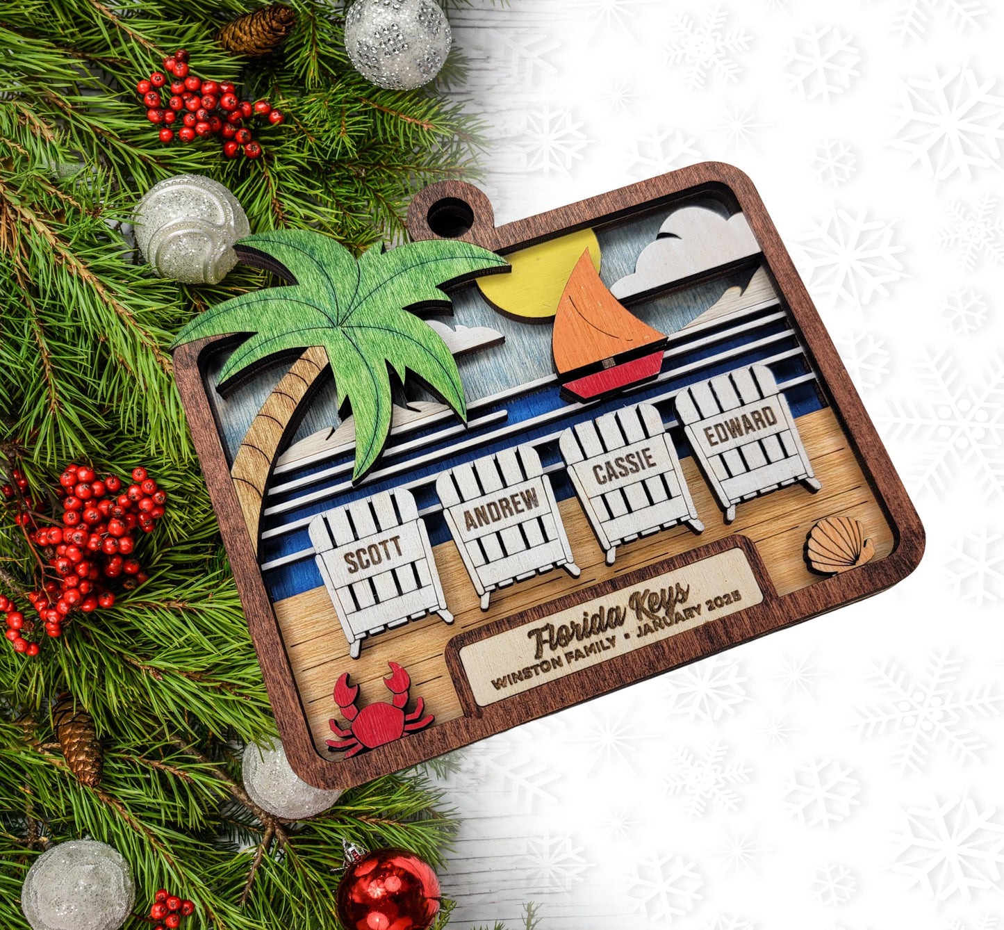 Beach Vacation Memory Ornament – Handmade Laser Cut & Engraved Wooden Keepsake, Hand-Painted, 4 Inch, Made in Ohio