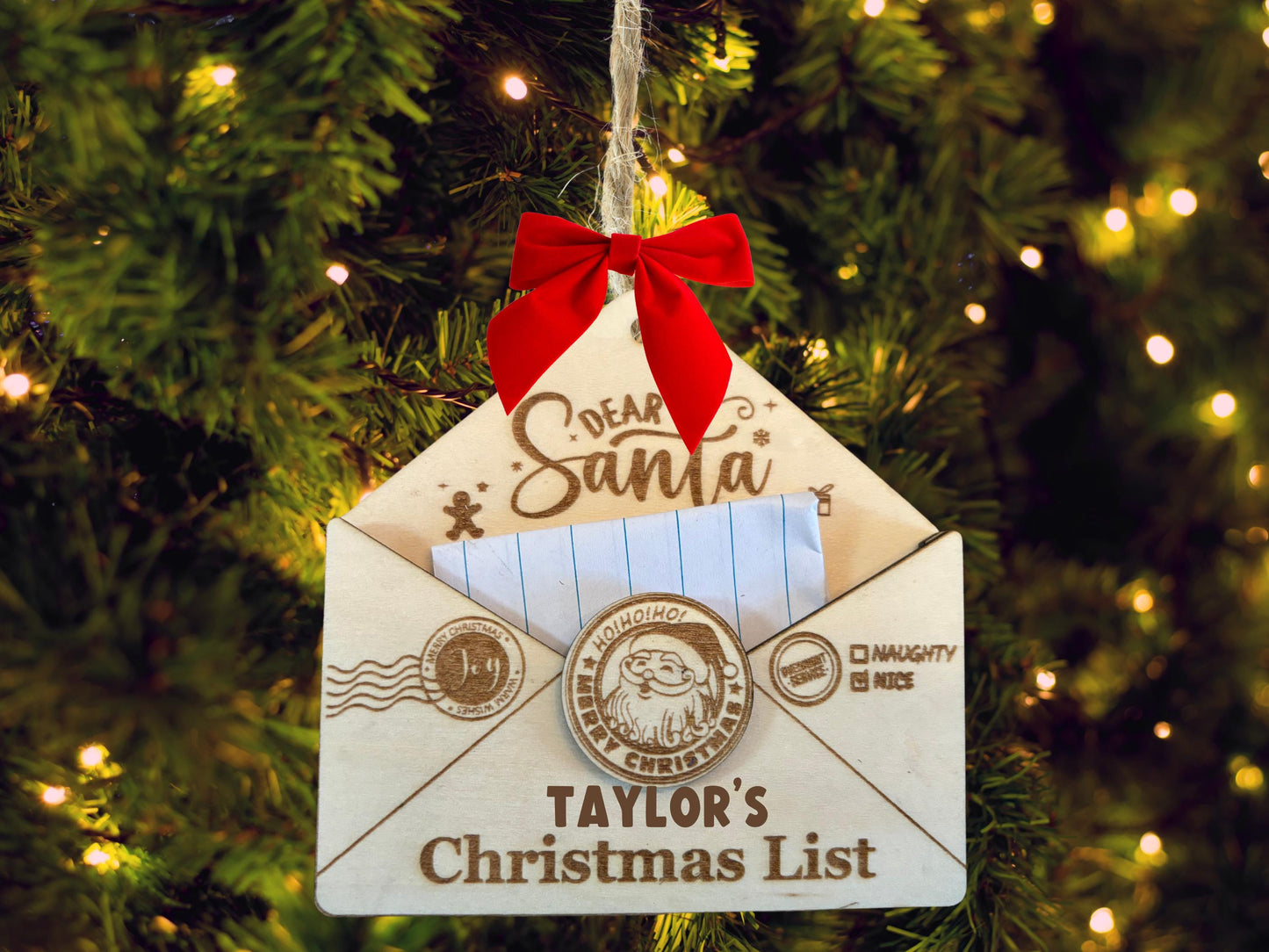 Personalized Santa Letter Ornament – Wooden Envelope Christmas Keepsake with Child’s Name, Gift Boxed, 4 Inch Handmade Decoration