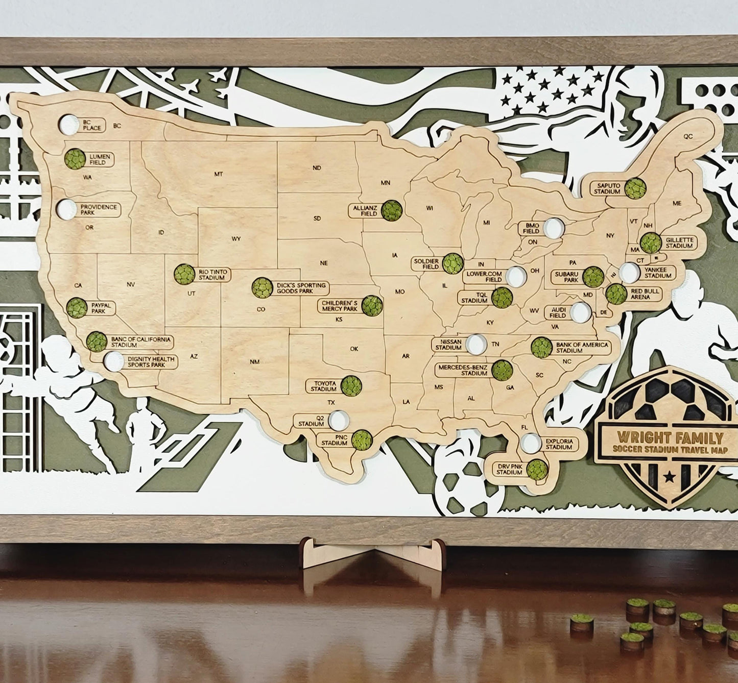 Soccer Stadium Tracker Map – 12x20 Engraved Wood Wall Art | Personalized Gift for Fans & Travelers, Handmade in Ohio
