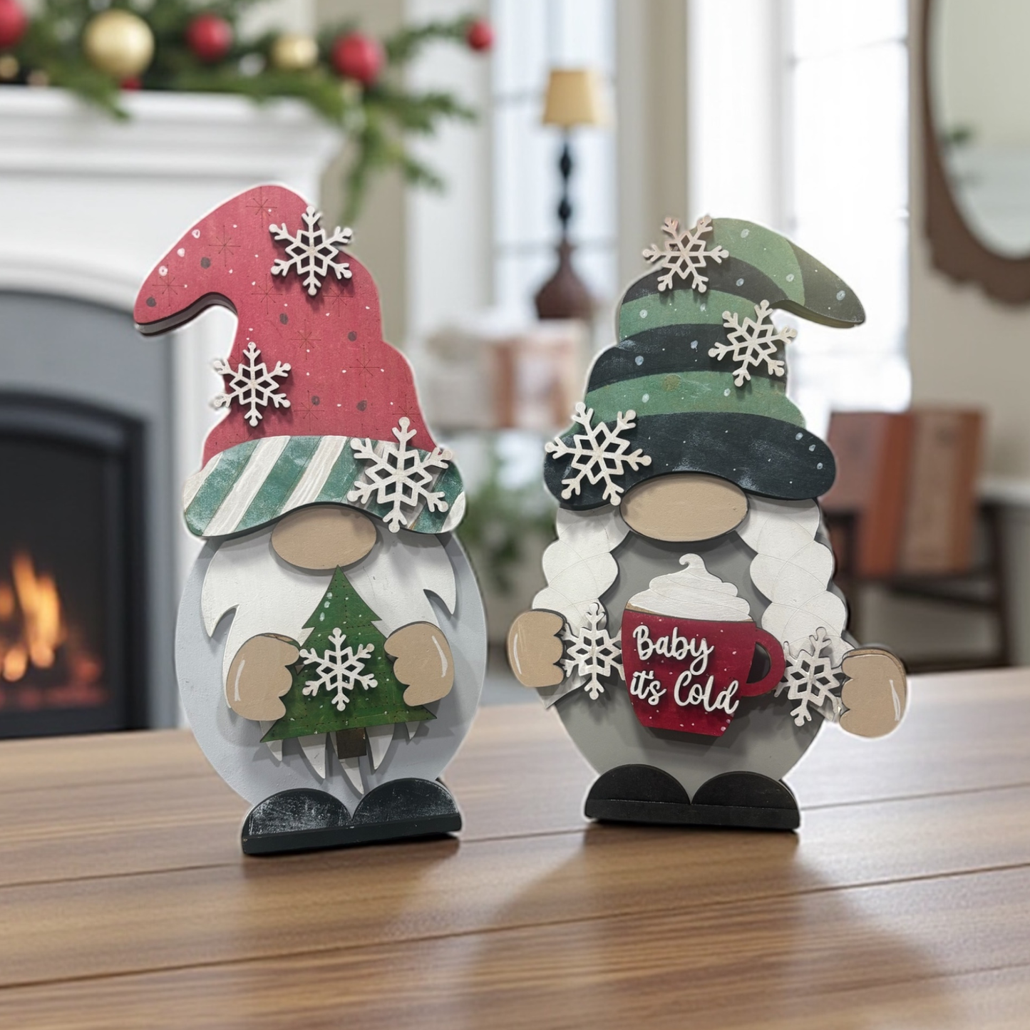Winter Gnome Shelf Sitter – Handmade 8” Wooden Gnome (Male or Female) with Interchangeable Winter Outfits