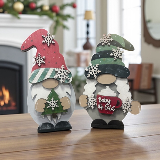 Winter Gnome Shelf Sitter – Handmade 8” Wooden Gnome (Male or Female) with Interchangeable Winter Outfits