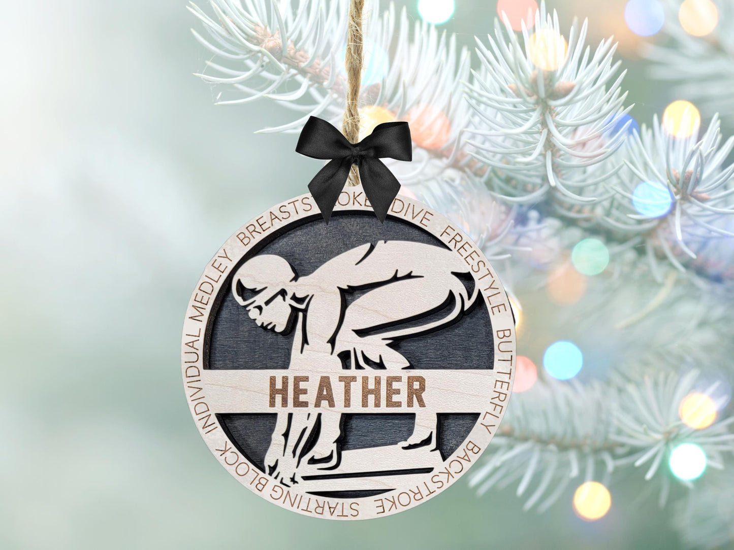 Personalized Swimmer Ornament – Engraved Wooden 4" Keepsake with Name, Year & Event, Gift-Boxed