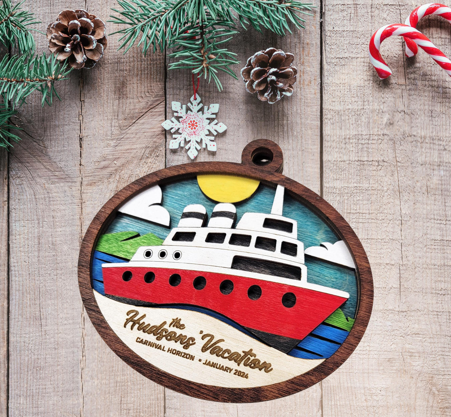 Custom Cruise Ship Christmas Ornament – Personalized 4" Wooden Keepsake with Ship Name, Cruise Dates & Family Name, Gift-Ready