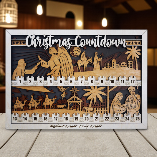 Handmade nativity Christmas countdown sign – laser cut and engraved wood decor with easel