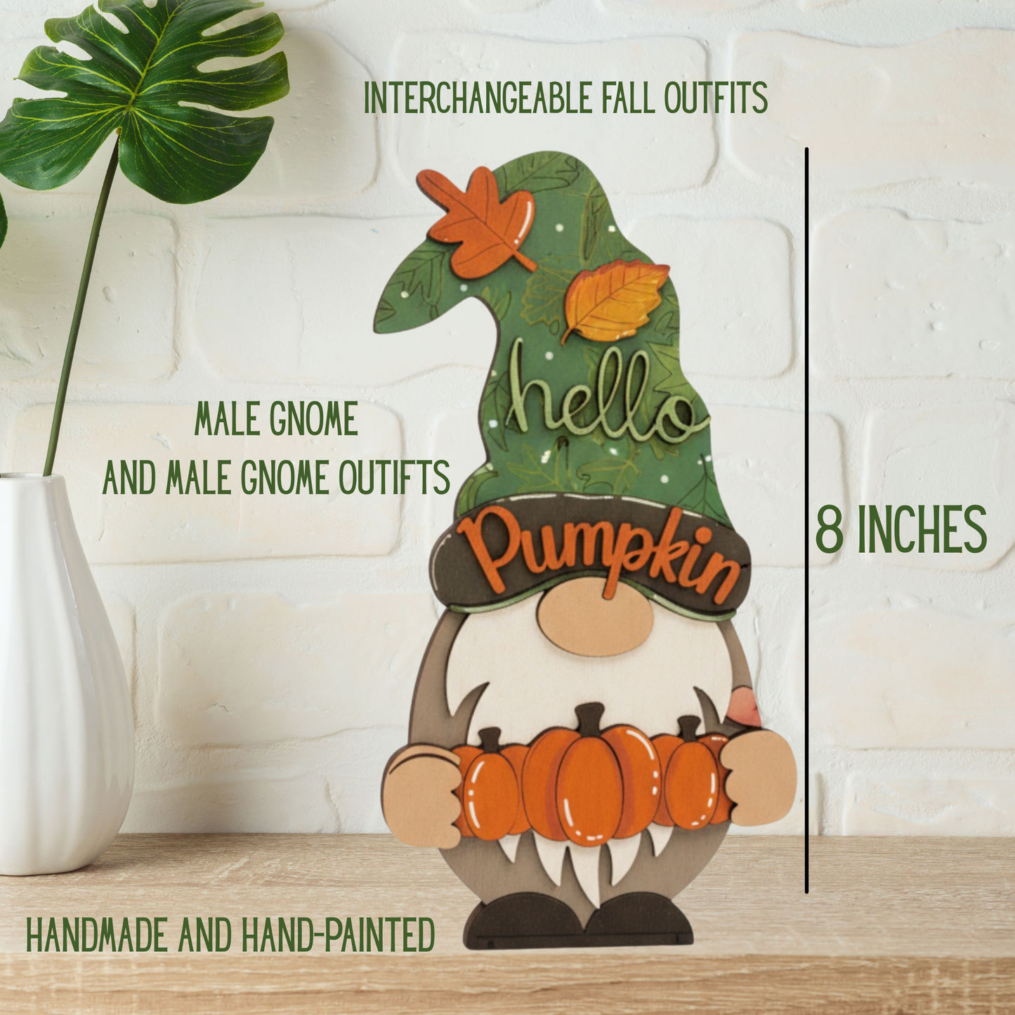 Halloween Wooden Gnome – Handmade 8" Hand-Painted Gnome with Interchangeable Outfits for All Seasons