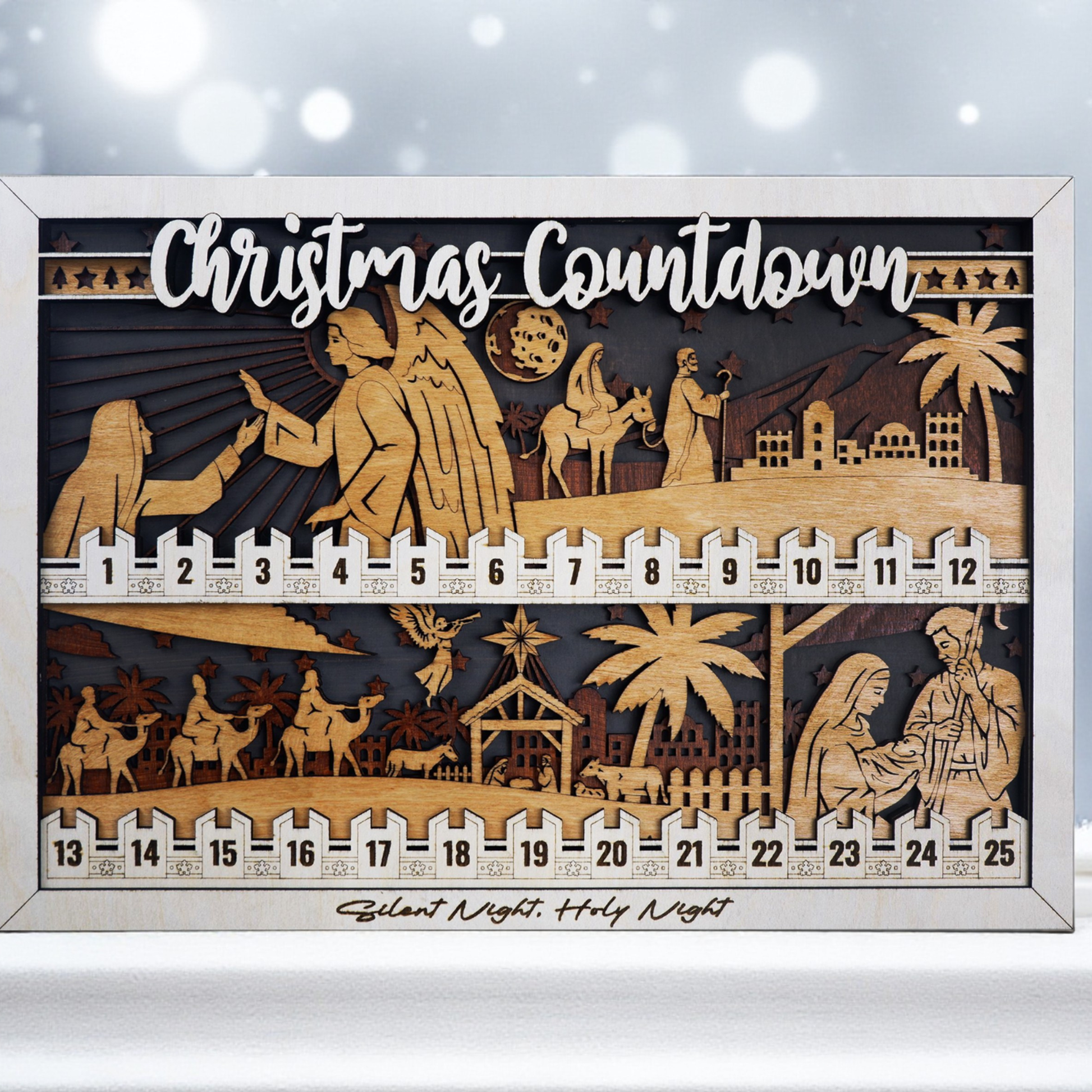 Faith-inspired wooden nativity Advent calendar – rustic hand-stained finish, 12x19 inches
