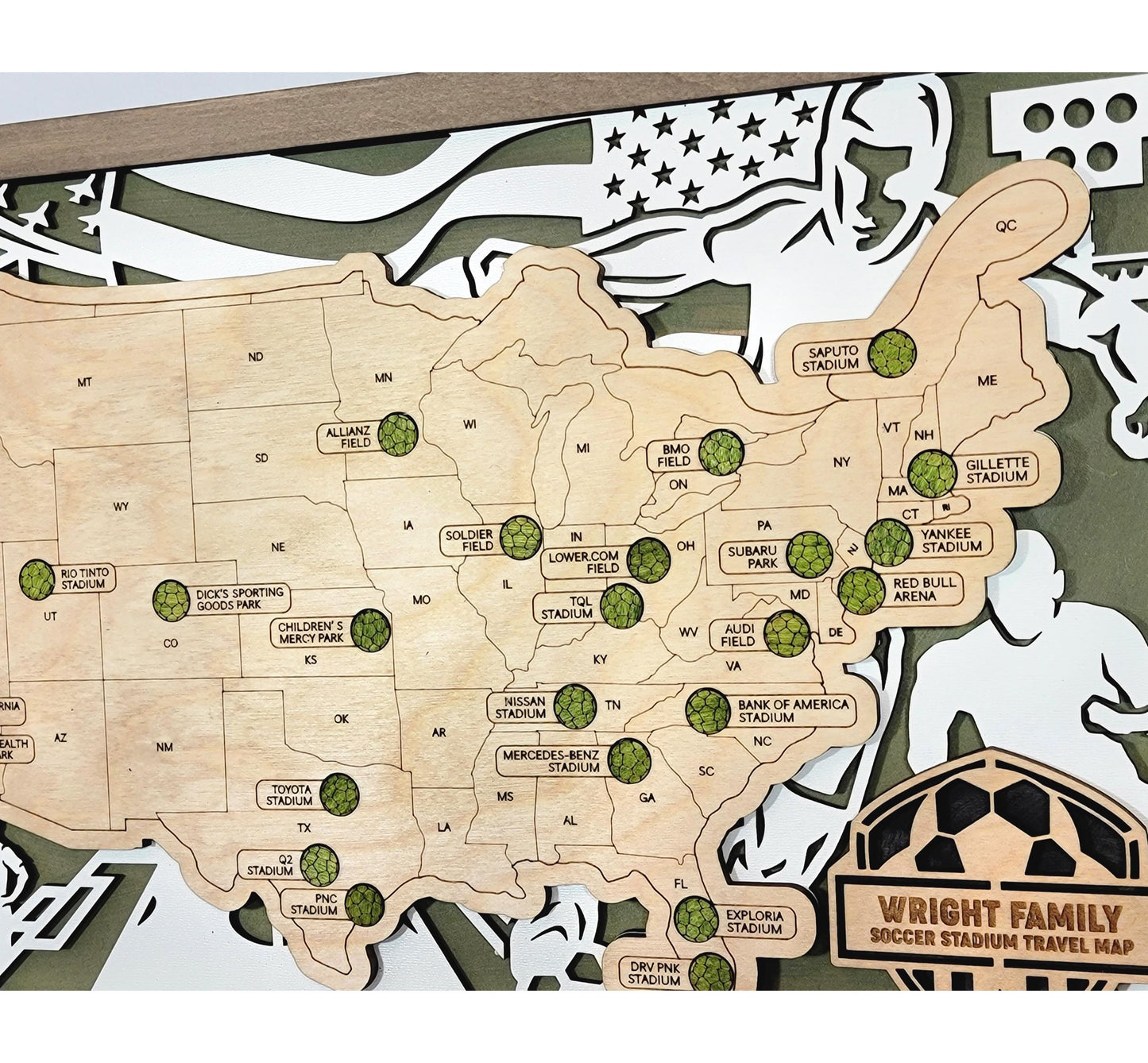 Soccer Stadium Tracker Map – 12x20 Engraved Wood Wall Art | Personalized Gift for Fans & Travelers, Handmade in Ohio