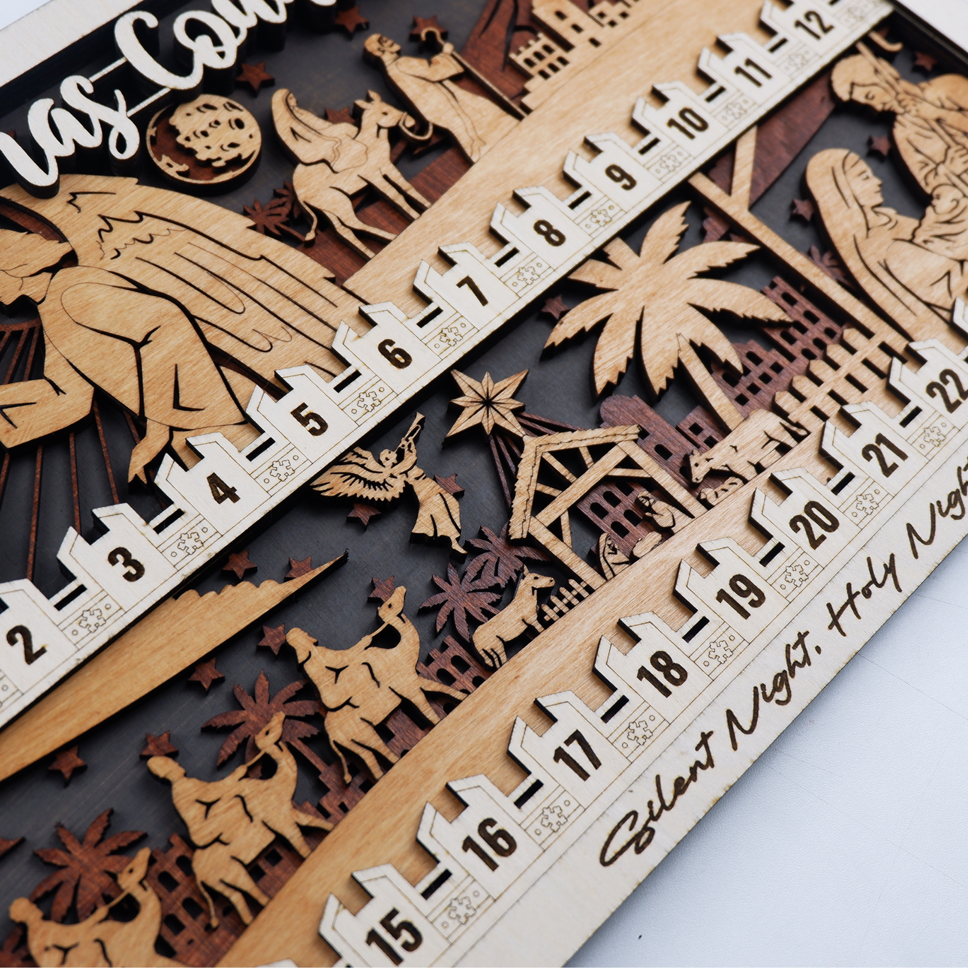 Wooden nativity Advent calendar with moveable marker and engraved design