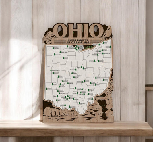 Personalized Ohio State Park Map Tracker – Custom Name Wooden Travel Keepsake