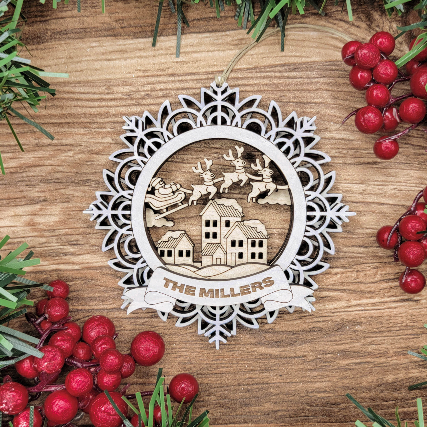 Personalized Santa Sleigh Snowflake Ornament – Custom Engraved Wooden Christmas Ornament