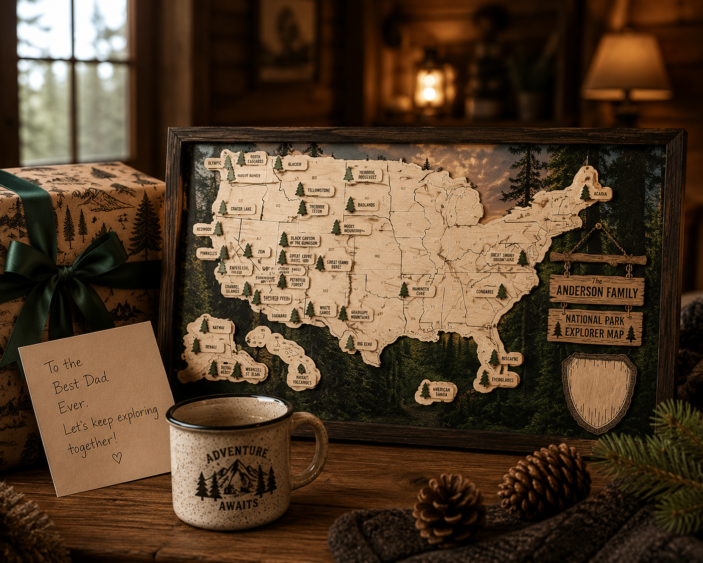 Personalized National Park Explorer Map – UV Printed Wooden Travel Tracker & Adventure Keepsake