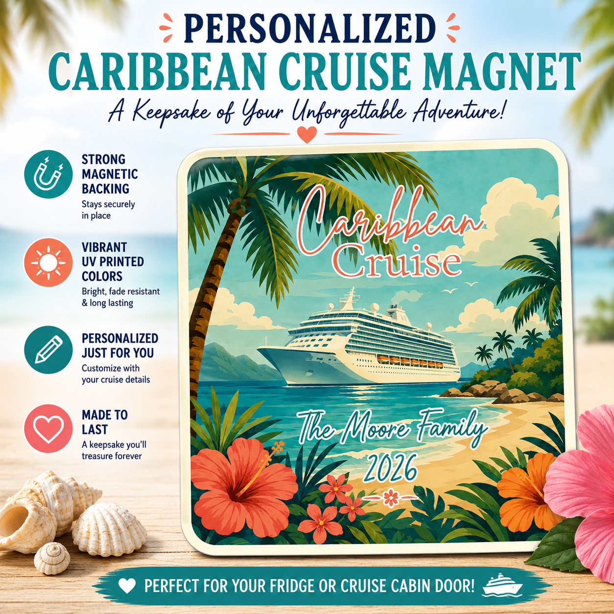 Personalized Eastern Caribbean Cruise Magnet – Retro Travel Poster Vacation Keepsake