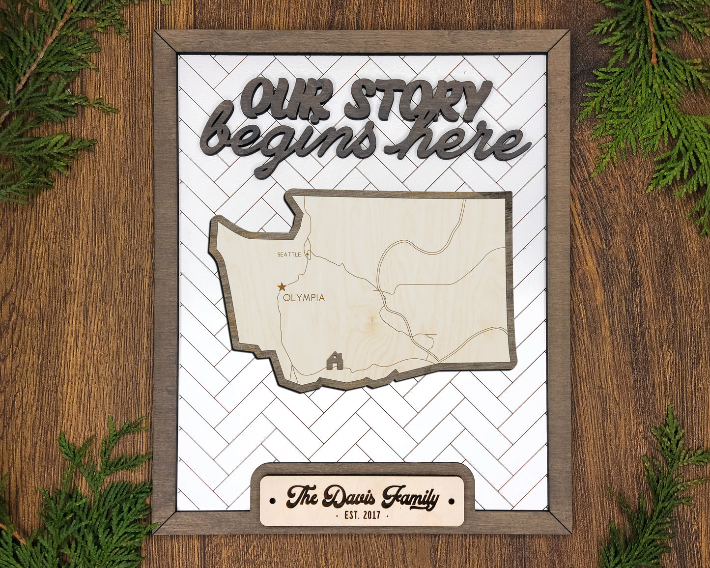 Washington “Our Story Begins Here” Wooden Sign – Personalized Family Name Gift with Easel – Rustic Home Decor