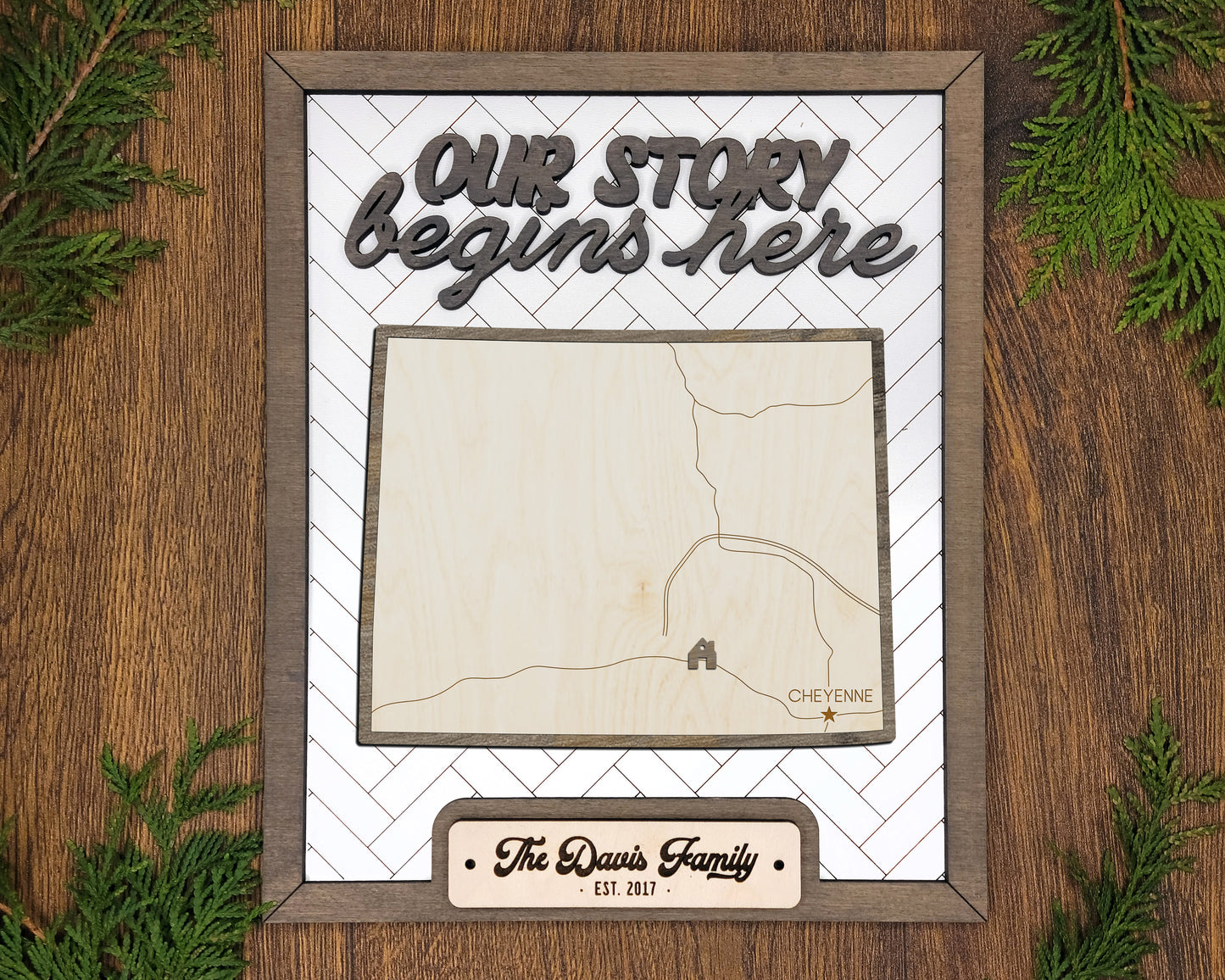 Wyoming Wood Sign – Our Story Begins Here Personalized State Plaque with Hometown Marker