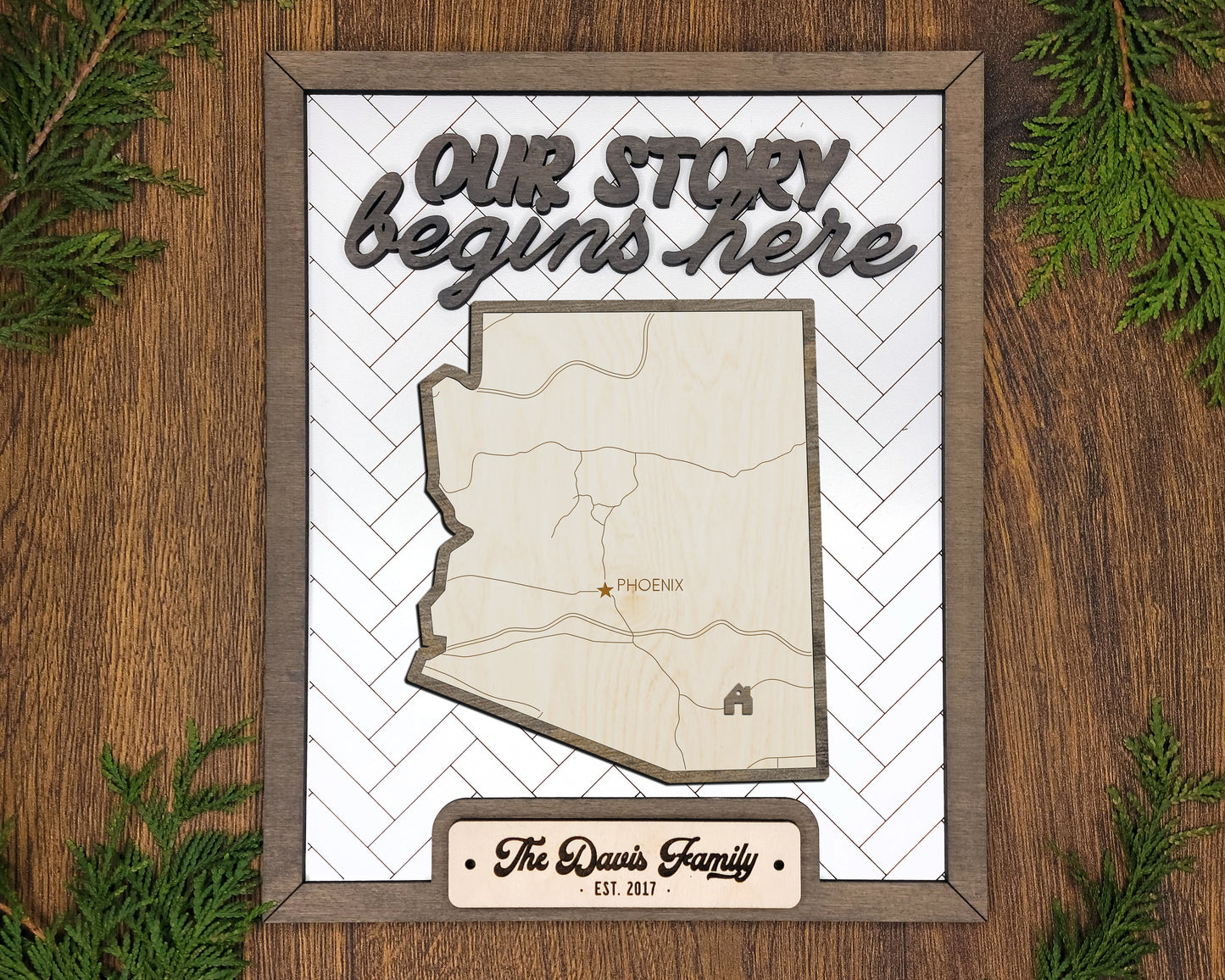 Personalized Arizona “Our Story Begins Here” State Frame – Custom Name, 9x11 White Hand-Painted