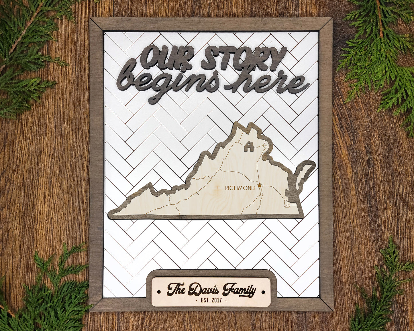 Personalized Virginia “Our Story Begins Here” State Frame – Custom Name, 9x11 White Hand-Painted