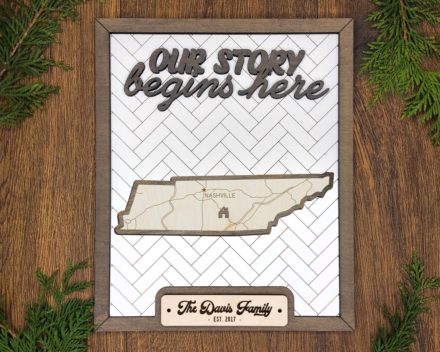 Tennessee “Our Story Begins Here” Wooden Sign – Personalized Family Name Gift with Easel – Rustic Home Decor