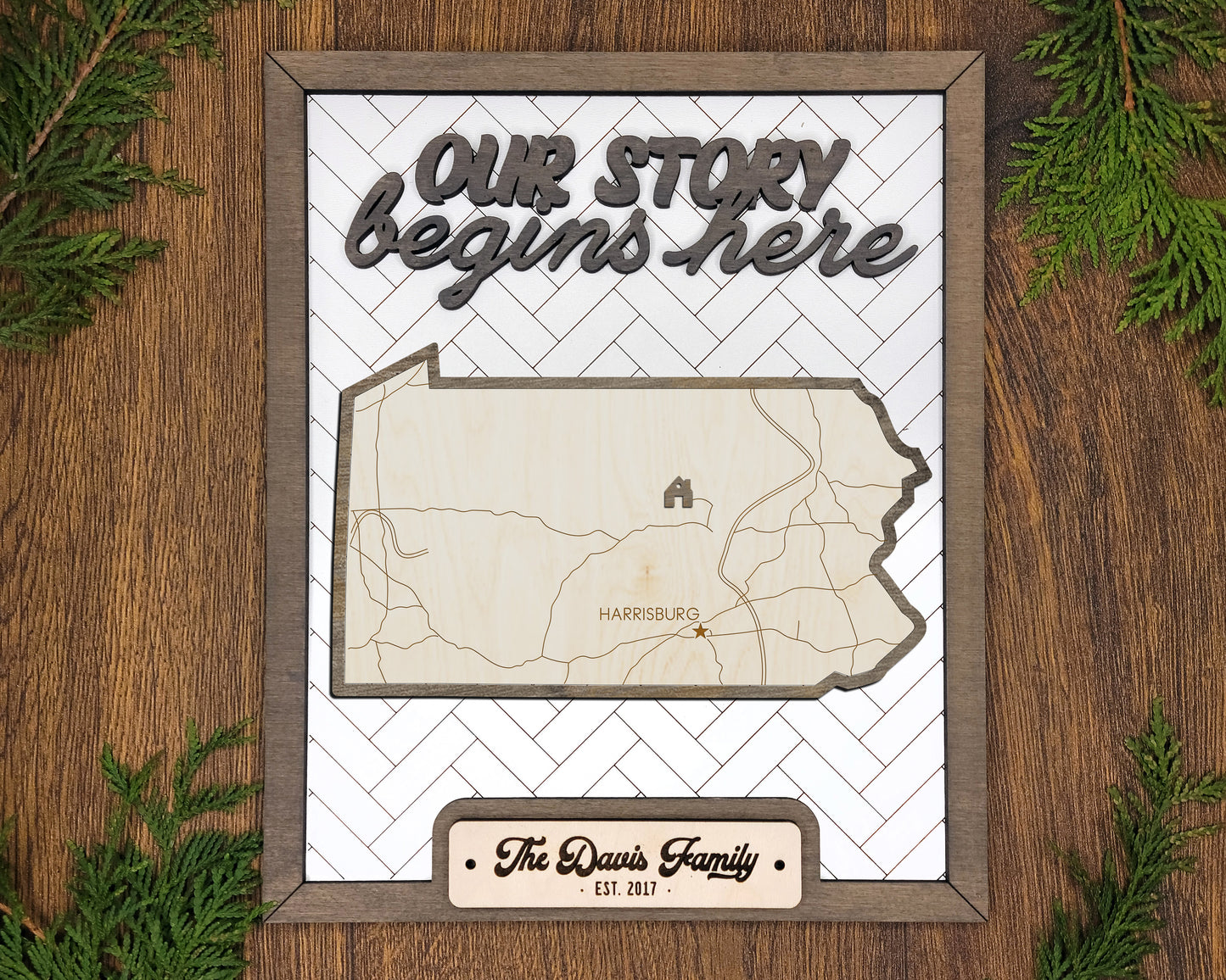 Pennsylvania “Our Story Begins Here” Wooden Sign – Personalized State Sign with Family Name – Rustic Gift with Easel