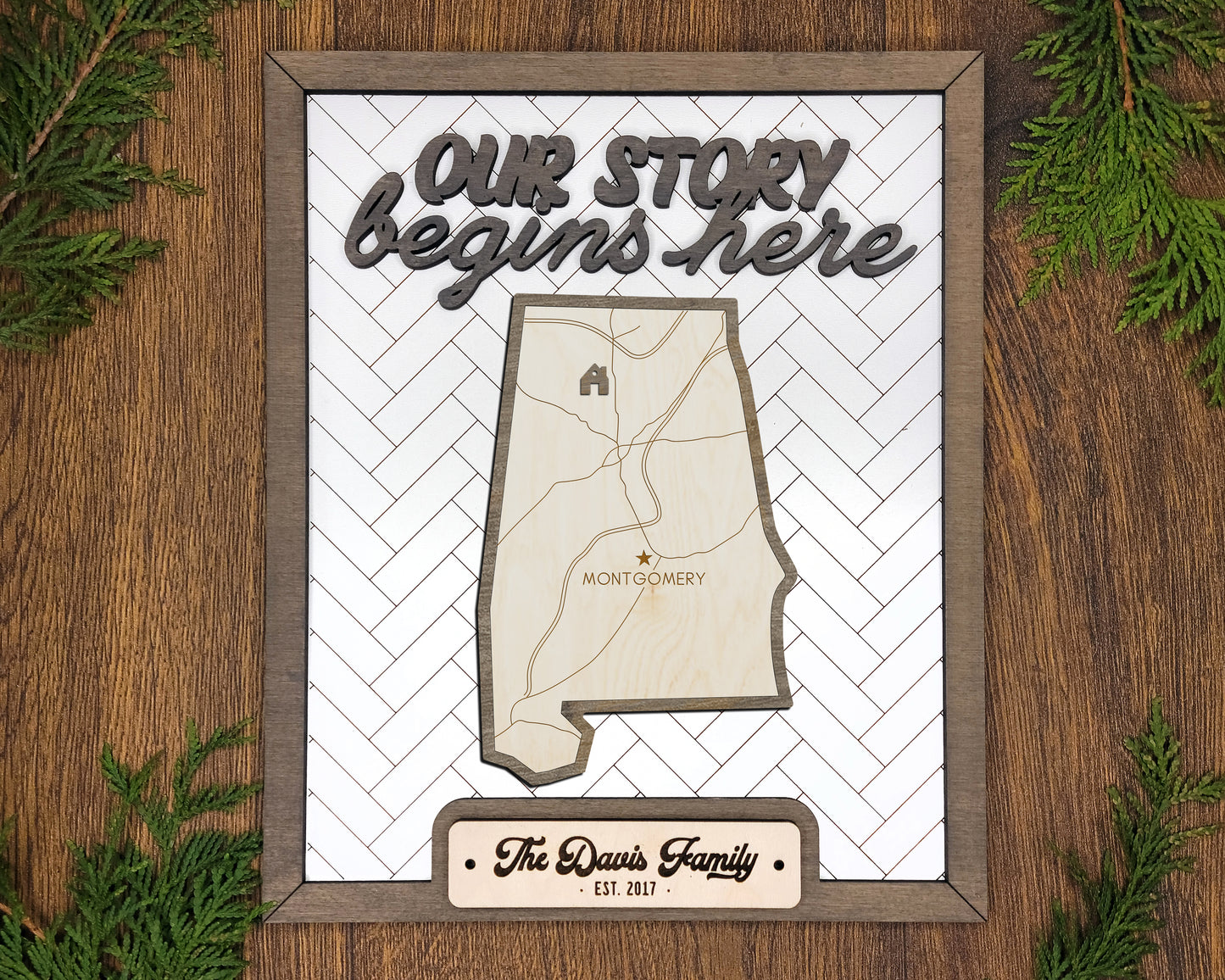 Alabama Wood Sign – Our Story Begins Here Personalized State Plaque with Hometown Marker