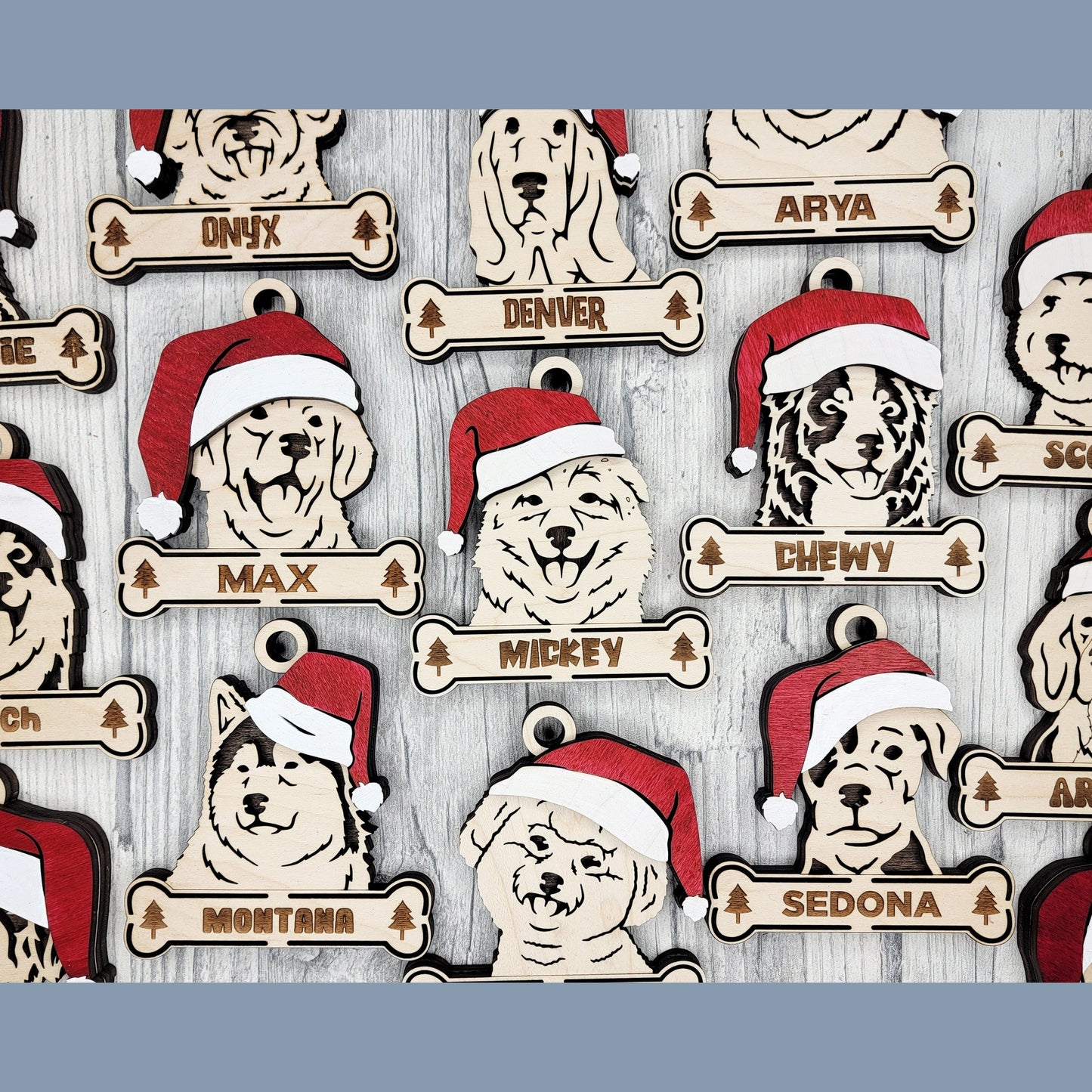 Personalized Dog Christmas Ornament with Santa Hat – Custom Wooden Pet Ornament with Name Engraved