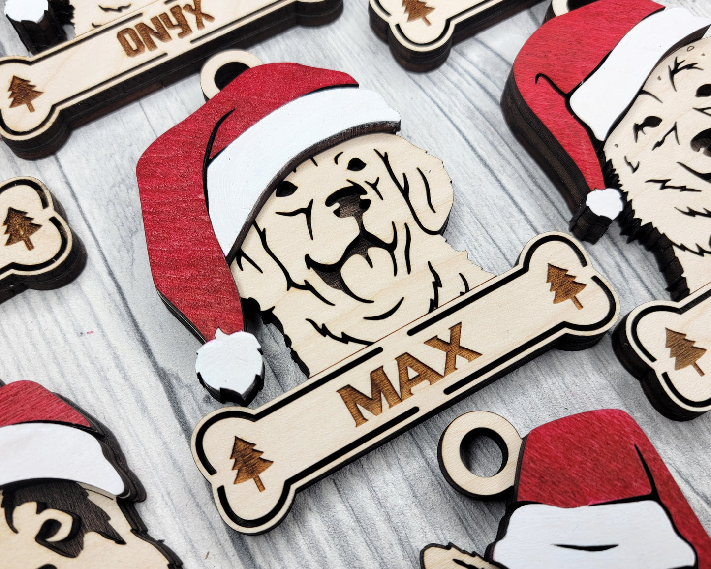 Personalized Dog Christmas Ornament with Santa Hat – Custom Wooden Pet Ornament with Name Engraved
