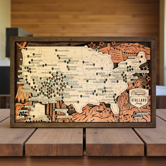 National Monument Map Tracker – Wooden USA Travel Wall Art, Laser Cut & Engraved