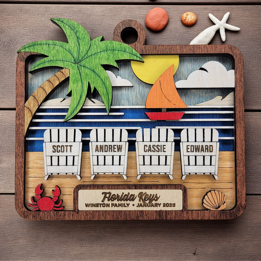 Beach Vacation Memory Ornament – Handmade Laser Cut & Engraved Wooden Keepsake, Hand-Painted, 4 Inch, Made in Ohio