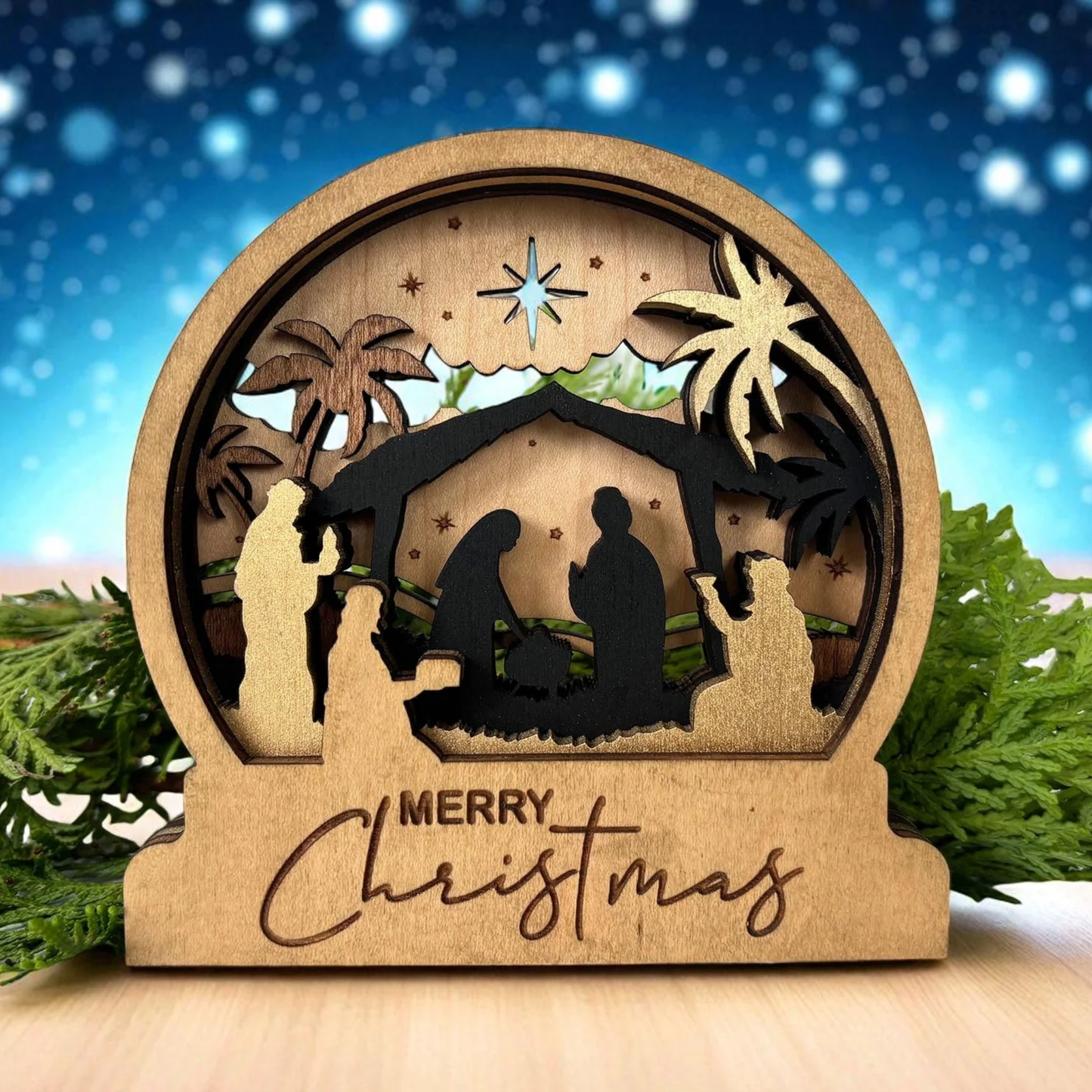 Personalized Wooden Nativity Snow Globe – 4.75" Engraved Christmas Shelf Decor, Nativity Scene