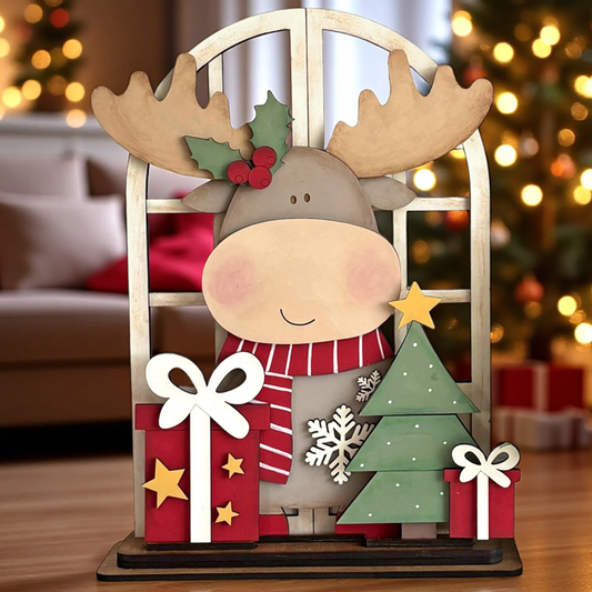 Handmade Rustic Moose Mantle Décor – Wooden Laser Cut & Hand Painted Christmas Shelf Sitter
