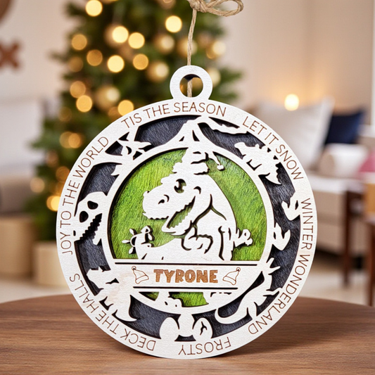 Personalized Dinosaur Christmas Ornament – Engraved Wooden Kids Gift
